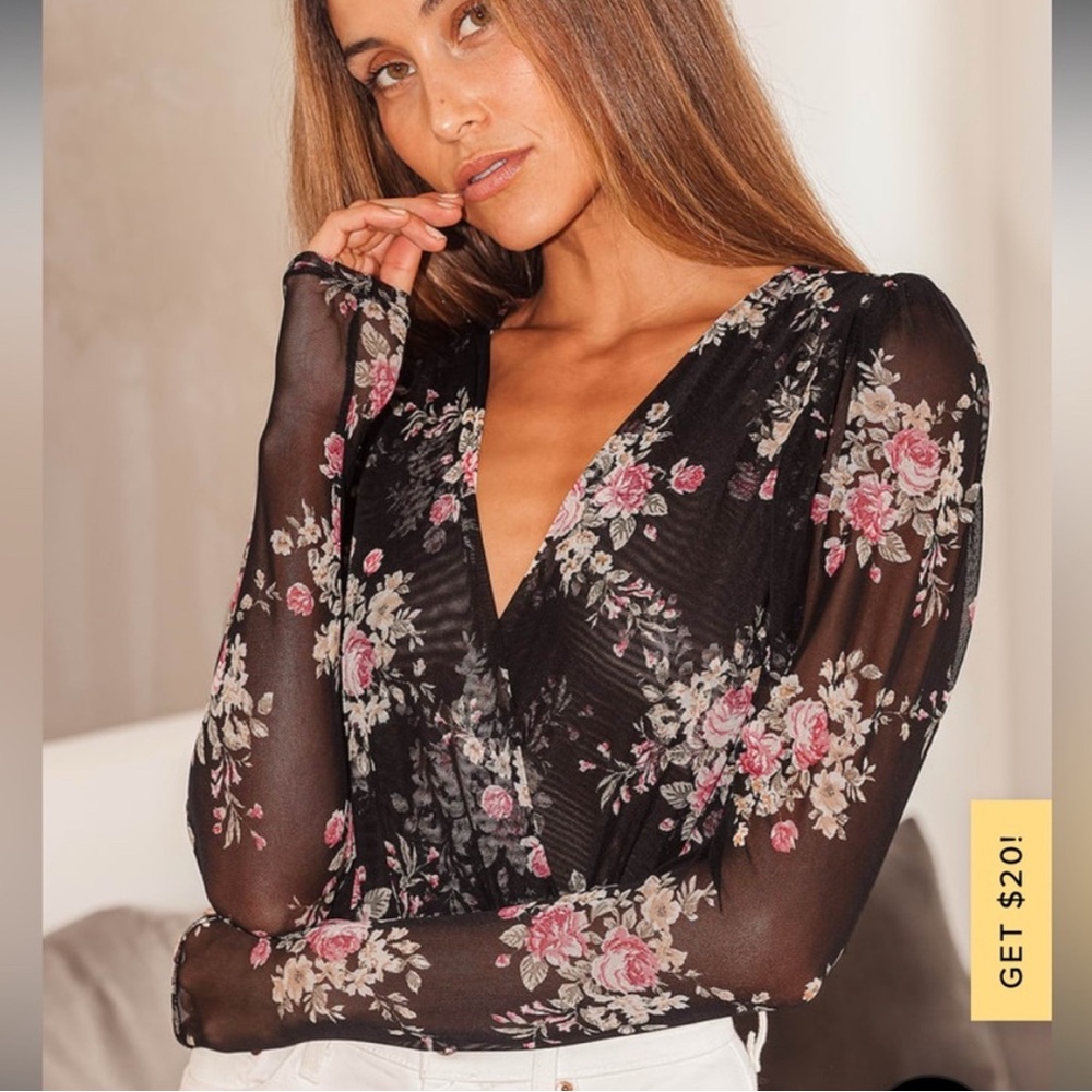 LuLus Sheer Me Out Mesh Floral LongSleeve bodysuit Medium